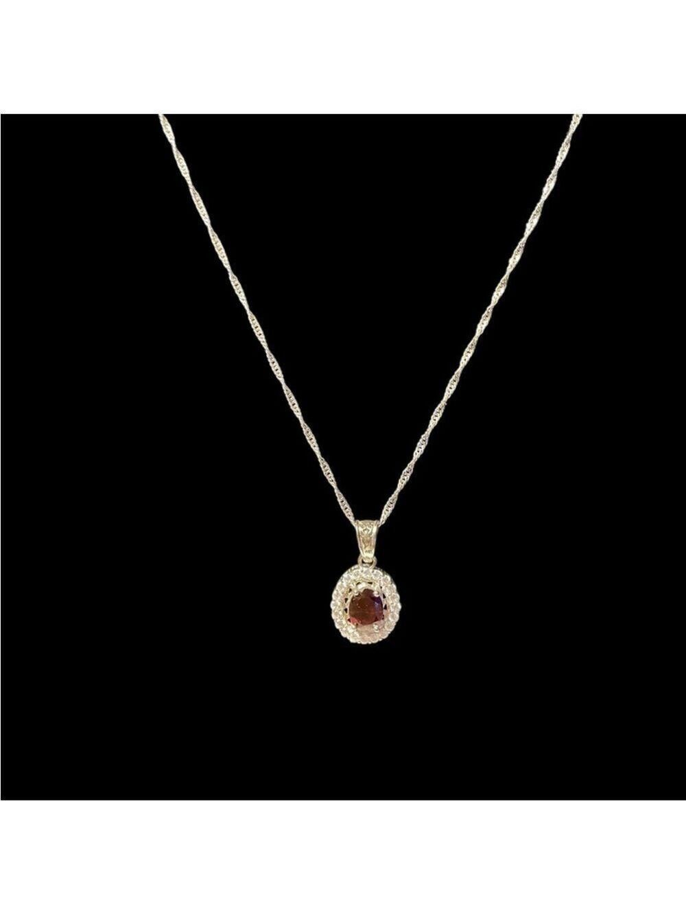 Necklace, Dark Garnet Red Encircled w/Clear Stones Dainty Feminine Silvef